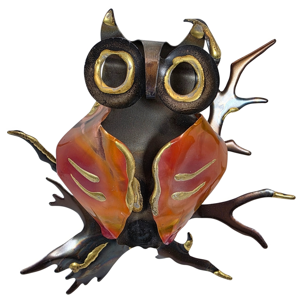 Vintage Brutalist Metal Owl Wall Hanging Sculpture Copper Brass Mid Century